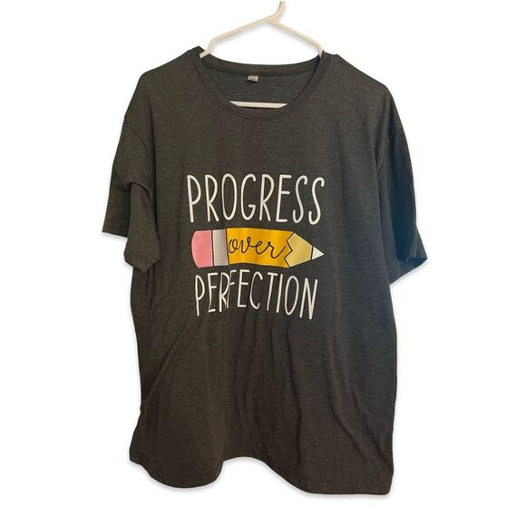 Charcoal Gray Teacher T-Shirt / “Progress Over Perfection” / Size 2XL - Picture 1 of 4